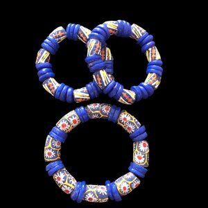 Bracelet African Trade Beads Blue Multicolored Stripe Flower 6" 7" 8"